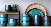 Handcrafted ceramic dinnerware set in turquoise and brown tones with speckled glaze finish, featuring plates, bowls, mugs and cups for modern kitchen decor.
