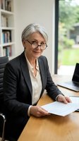 Senior woman with white hair and glasses wearing dark blazer and white blouse, reviewing documents at wooden desk in bright home office with bookshelves and window, suitable for business and professional concepts.