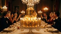 Elegant gold tiered birthday cake with lit candles at a luxury banquet, guests celebrating in formal attire, warm chandelier glow.