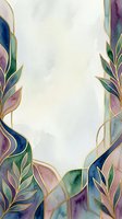 Watercolor botanical frame with gold leaf accents featuring stylized leaves in jewel tones of navy, emerald, and mauve on cream background. Suitable for invitations and stationery design.