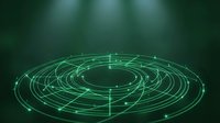 Glowing green digital orbital rings with connected nodes and light particles on dark background, suitable for technology and data visualization projects.