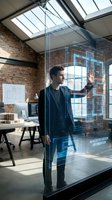 Young Caucasian male architect interacting with holographic building blueprints in modern loft office with exposed brick walls and skylights for design projects.