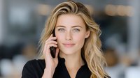 Professional blonde businesswoman talking on smartphone in modern office environment with confident expression and corporate attire for business communication.