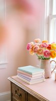 Colorful ranunculus flowers in ceramic vase with stacked books on wooden dresser near window creating cozy reading corner atmosphere for home decor inspiration.