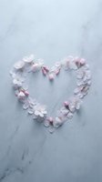 Heart shape made from delicate pink cherry blossom petals and buds arranged on soft gray marble surface for romantic spring wedding concepts.