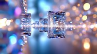 Crystal glass prisms reflecting light with bokeh effect in blue and gold tones, creating magical sparkles and refractions against blurred background.