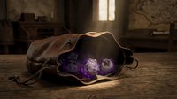 Leather bag with glowing purple crystals spilling out on wooden floor in vintage room setting, suitable for fantasy, mystical, and magical themed designs.