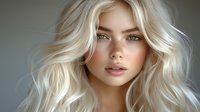 Young woman with platinum blonde wavy hair, natural freckles, and blue eyes looking directly at camera against light gray background. Soft beauty portrait with ethereal lighting.