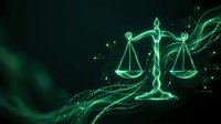 Digital justice scales glowing in green neon light with flowing energy particles and circuit patterns on dark background for legal technology concepts.
