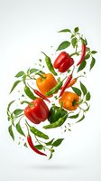 Fresh colorful bell peppers and chili peppers floating with green leaves on white background for culinary design projects.