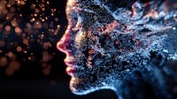 Ethereal female profile dissolving into glowing water droplets and particles against dark background with magical bokeh lights creating dreamy artistic effect.