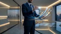 Businessman in dark suit holding tablet with glowing digital charts and upward trending arrows in modern office with city skyline view for business growth and financial success concepts.