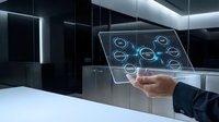 Businessman hand touching futuristic holographic interface with connected network icons in modern office environment for digital transformation concepts.
