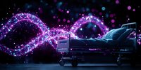 Patient lying in hospital bed surrounded by magical glowing purple energy streams and sparkles against dark background, representing healing and medical care.