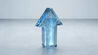 Transparent blue arrow pointing upward on icy surface, symbolizing growth, progress, and positive direction for business concepts and financial success.