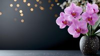 Pink orchid flowers in dark sparkly vase with golden bokeh lights on gray background, suitable for luxury home decor, greeting cards, and floral design projects.