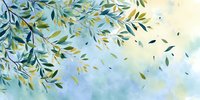 Delicate olive branches with green and golden leaves against soft blue watercolor background, creating serene natural atmosphere.