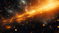 Glowing orange nebula with bright stars and cosmic dust particles floating in deep space against dark background creates mysterious galaxy atmosphere.