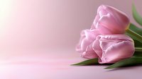 Fresh pink tulips with water drops lying on pink surface with soft focus background, romantic spring floral composition for greeting cards and feminine designs.