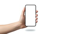 Hand holding smartphone with blank white screen mockup isolated on white background for app presentation and mobile technology display.