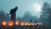 Black cat silhouette perched on post with glowing jack-o-lanterns lined along misty fence path under full moon, creating eerie Halloween atmosphere.