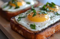 Sunny side up eggs on toasted bread garnished with fresh parsley and black pepper, served on wooden cutting board, close up view of breakfast meal.