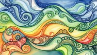 Abstract flowing waves with colorful swirls and spirals in rainbow gradient from blue to green orange red creating organic decorative pattern background.