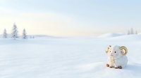 Cute white sheep with golden horns sitting in snowy winter landscape with frost-covered evergreen trees and misty mountains in background. Isolated character for holiday designs.