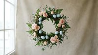Easter wreath with pastel blue eggs and pink roses on neutral background for spring home decor and seasonal celebrations.