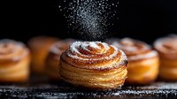 Freshly baked cruffin pastry with powdered sugar being sprinkled from above, showcasing spiral layers against dark background.