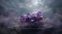 Amethyst crystal cluster on dark stone pedestal surrounded by purple mystic smoke and glowing particles in dramatic moody atmosphere.