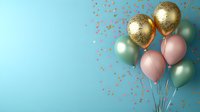 Festive metallic balloons in gold, mint green and rose pink against blue background with scattered confetti, creating elegant party atmosphere.