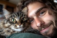 Young Caucasian man with beard and curly hair taking selfie with tabby cat. Close up portrait showing emotional bond between pet owner and feline companion.