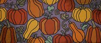 Autumn harvest seamless pattern with pumpkins, gourds and leaves on purple background. Seasonal fall design for textiles, wallpaper and decorative projects.