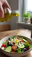 Pouring golden olive oil over fresh vegetable salad with tomatoes, cucumbers, and feta cheese on wooden table by window for cooking and healthy eating.