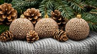 Three golden textured Christmas ornaments with pine cones and evergreen branches on knitted fabric for holiday decorating and seasonal celebrations.
