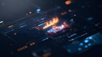 Futuristic microprocessor with glowing orange and blue elements on dark circuit board background, depth of field effect creates dramatic tech atmosphere.