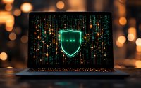 Glowing shield icon on laptop screen with digital matrix rain effect and bokeh background, representing cybersecurity and digital protection concept.