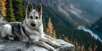 Gray and white wolf-like dog resting on rock overlooking mountain valley with forest and river below, perfect for adventure and wilderness themes.