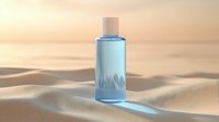 Blue glass bottle with cosmetic product on sandy dunes at sunset, minimalist luxury skincare packaging against soft desert background with warm lighting.