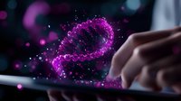 Glowing purple DNA helix hologram floating above digital tablet screen with hands interacting, representing genetic research and biotechnology advancement.