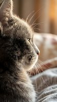 Close-up profile of gray tabby cat with whiskers in warm sunlight, peaceful domestic feline portrait with soft bokeh background for pet care concepts.