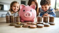 Pink ceramic piggy bank with stacked coins on wooden table while children observe savings and learn about money management and financial education.