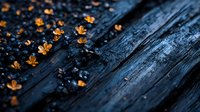 Autumn leaves scattered on weathered wooden surface with water droplets after rain creating moody seasonal atmosphere for fall designs and backgrounds.