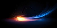 Dynamic light trail effect with glowing orange and blue streaks against dark background, creating cosmic motion path with sparkling particles in space.