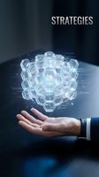 Businessman holding glowing hexagonal molecular structure with digital network connections and data lines, representing business strategies, innovation, and technological solutions for corporate planning and development.