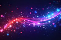 Magical glowing wave with sparkling stars and light particles flowing on dark background, featuring vibrant pink and blue neon colors for festive designs.