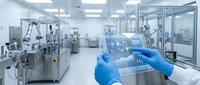Modern pharmaceutical manufacturing facility with scientist in blue gloves using digital tablet for quality control and production monitoring in sterile cleanroom.