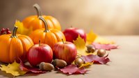 Autumn harvest display with orange pumpkins, red apples, acorns and colorful maple leaves on wooden surface for seasonal decoration and thanksgiving themes.