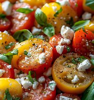 Fresh colorful tomato salad with crumbled feta cheese, basil leaves and black pepper seasoning, macro food photography for restaurant menu or cookbook.